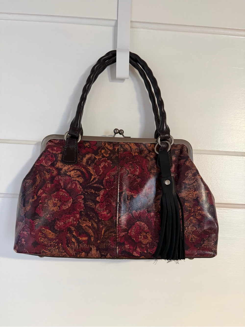Patricia Nash Floral Frame-Top Satchel Handbag with removable strap in Burgundy
